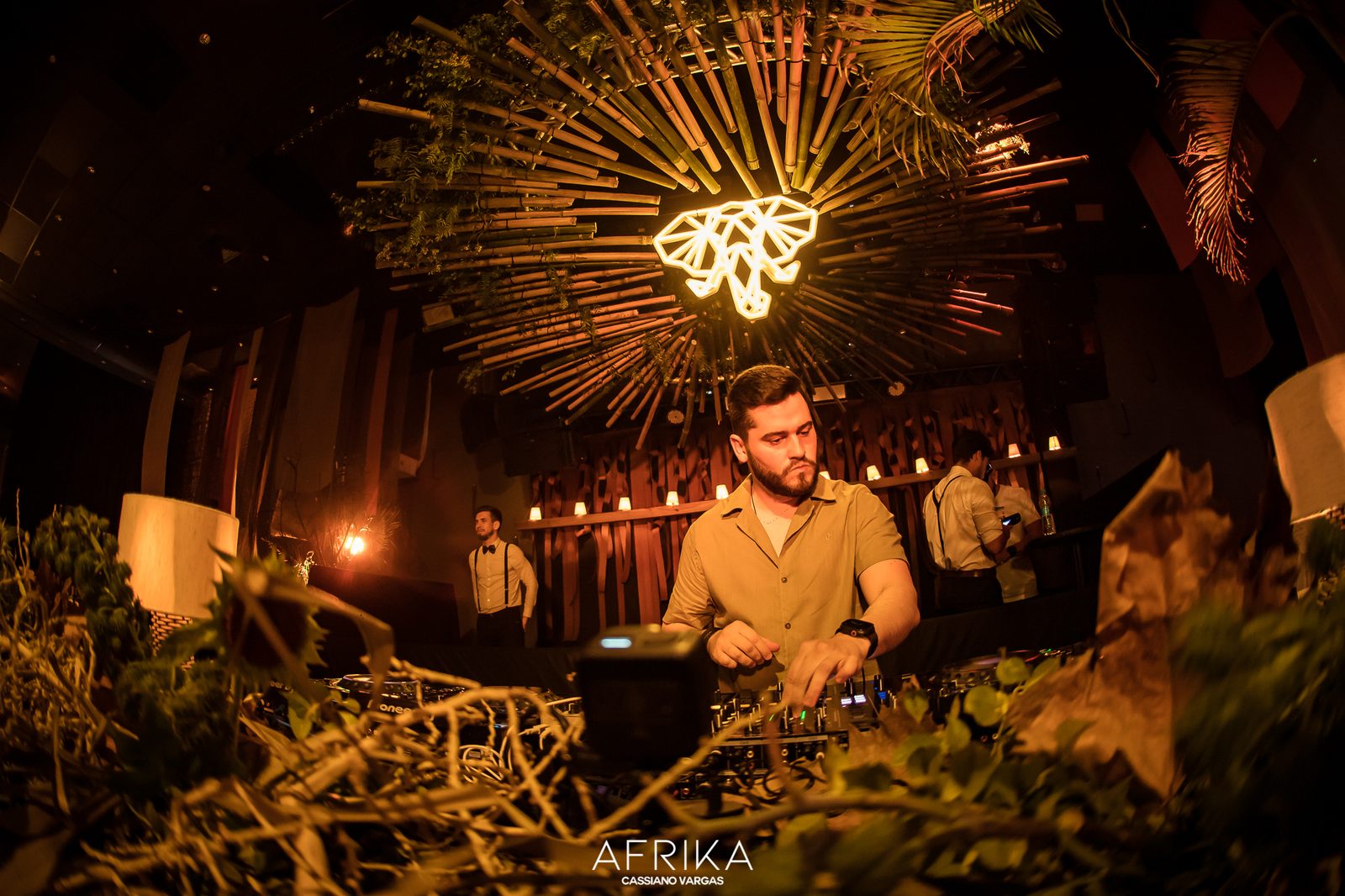 JV | Bellé na cabine da festa AFRIKA, em Chapecó, sob o lustre de elefante iluminado